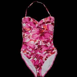 Simply Swim Pink & White Floral Swimsuit One Piece Bathing Suit Flowers Size 14